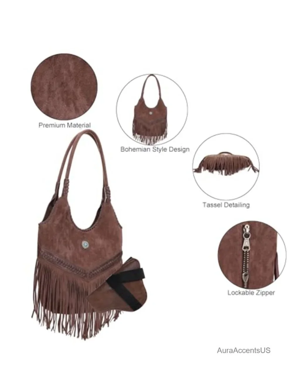 Suede Fringe Hobo Tote Shoulder Bag with Tassels